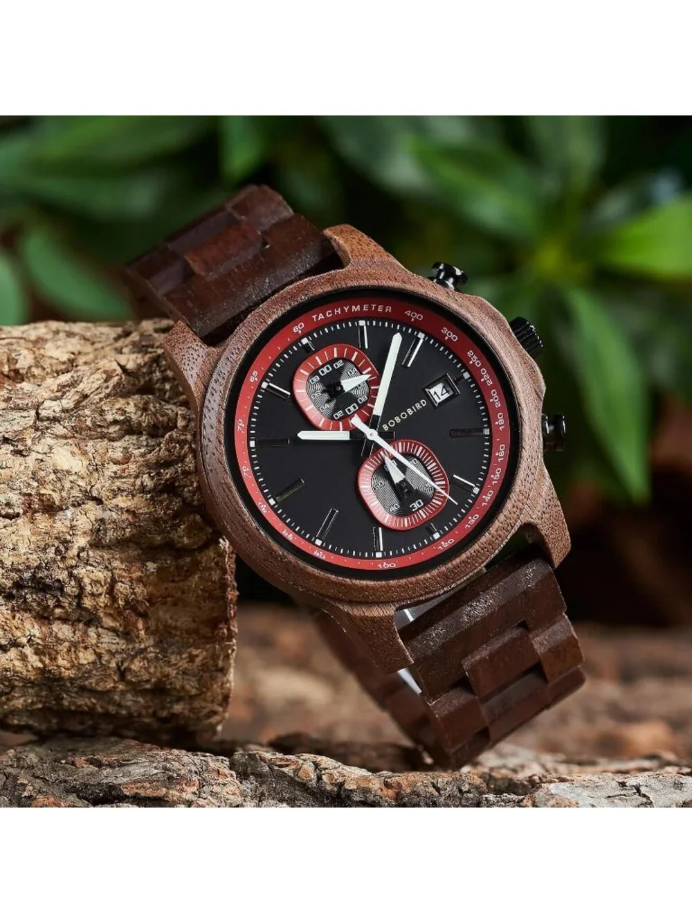 Men's Red Analog Quartz Ultra-Light Luminous Chronograph Casual Wooden Watch